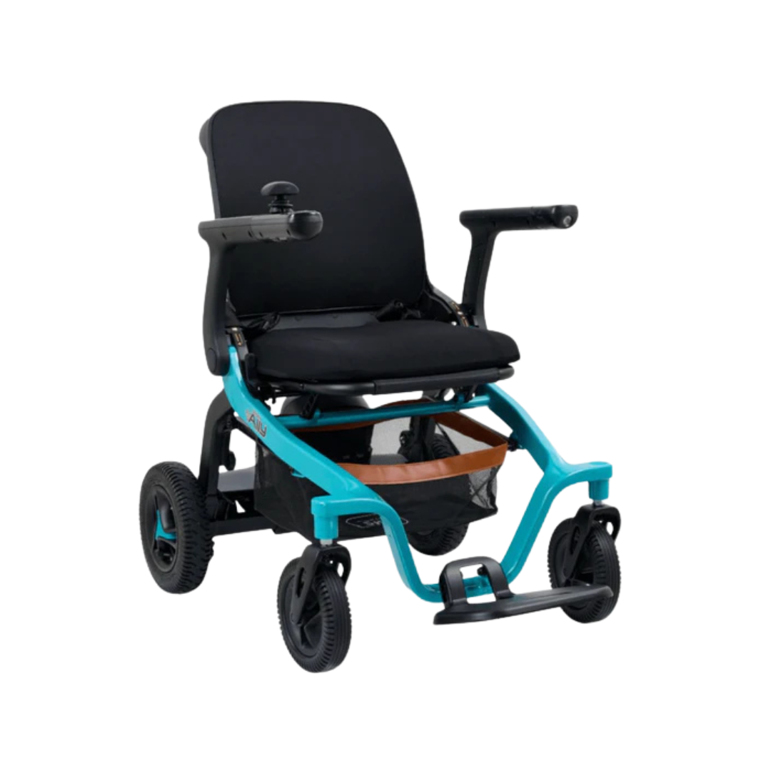 Teal and black folding power wheelchair with basket