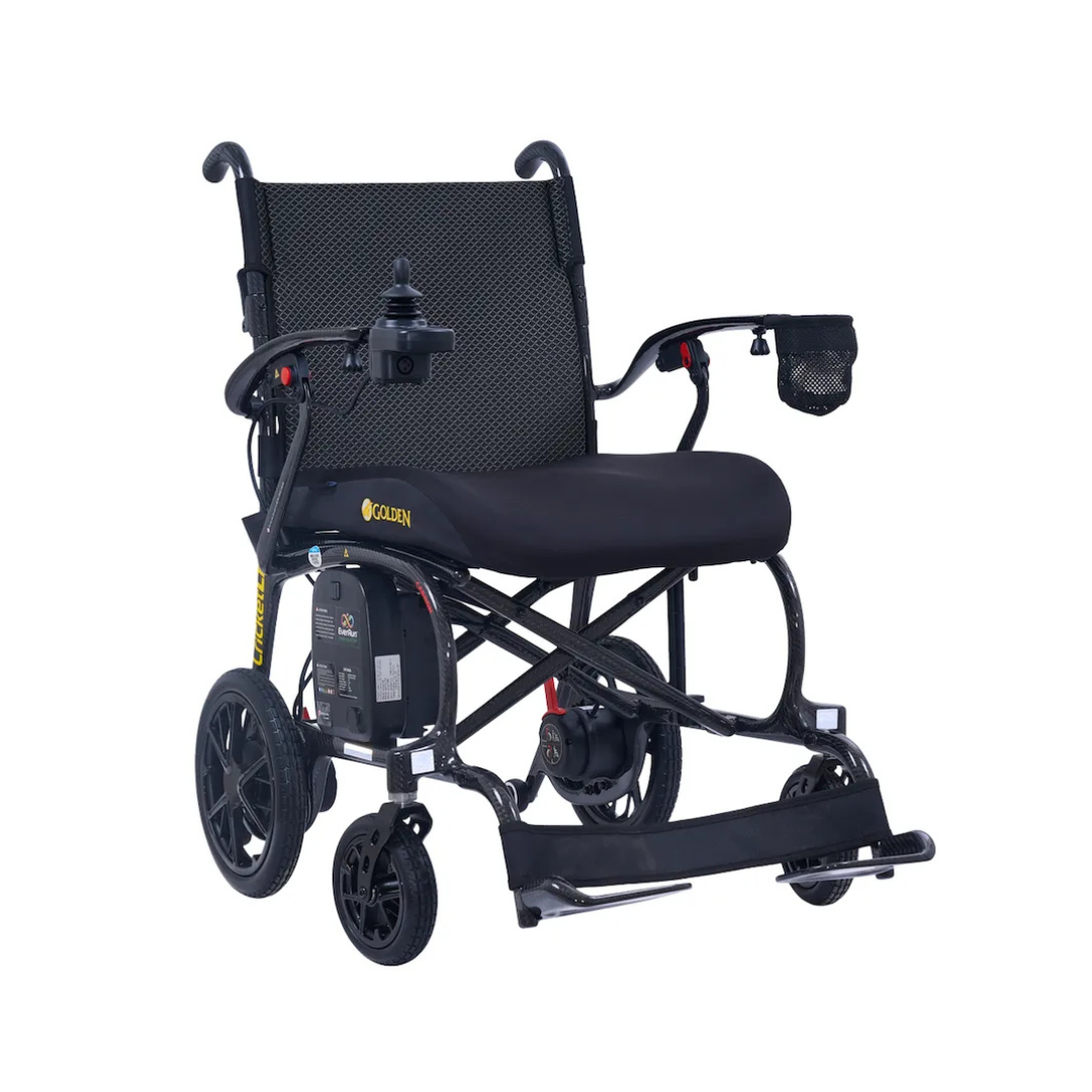 Black Golden Cricket folding power wheelchair with carbon-fiber-look frame