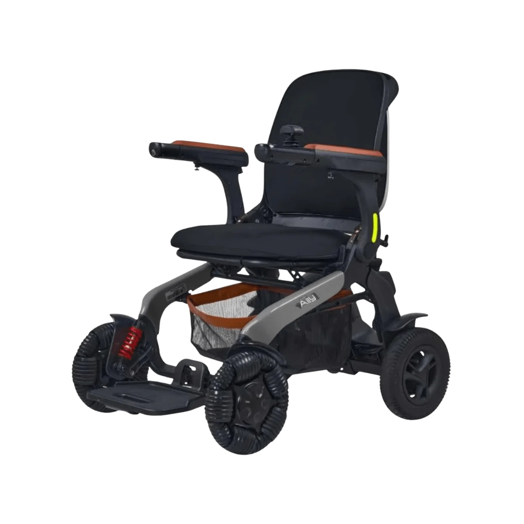 Gray Golden Ally Pro folding power wheelchair, four-wheel design