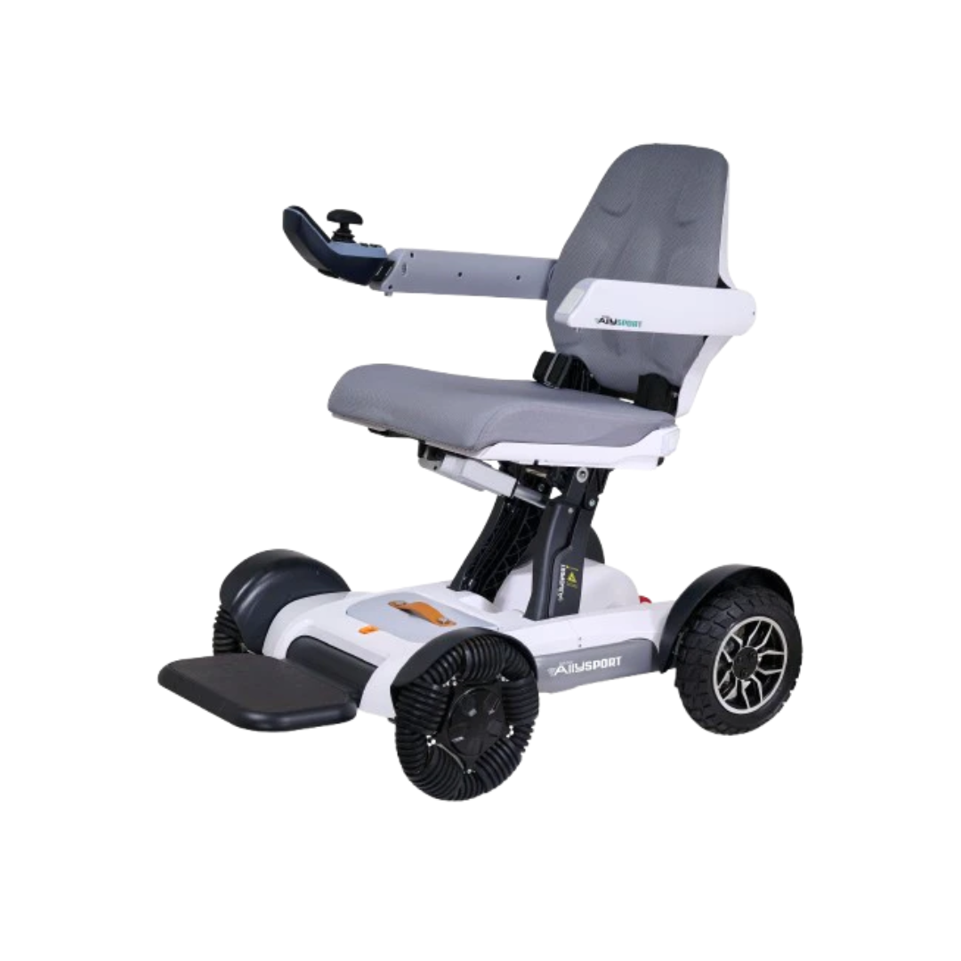 White and gray Golden AllySport folding power wheelchair, four-wheel design