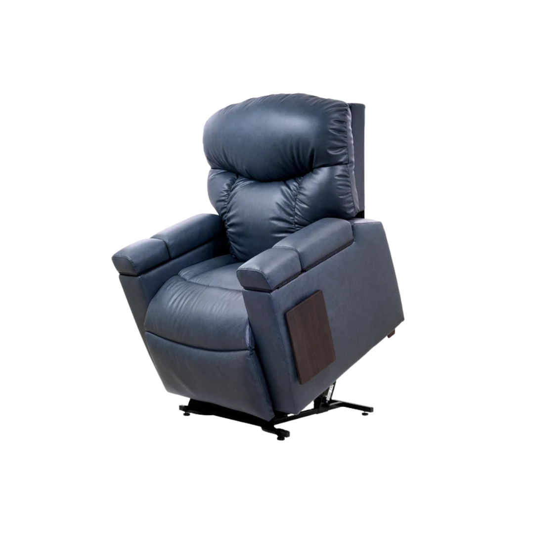 Blue-gray leather-look power lift recliner chair