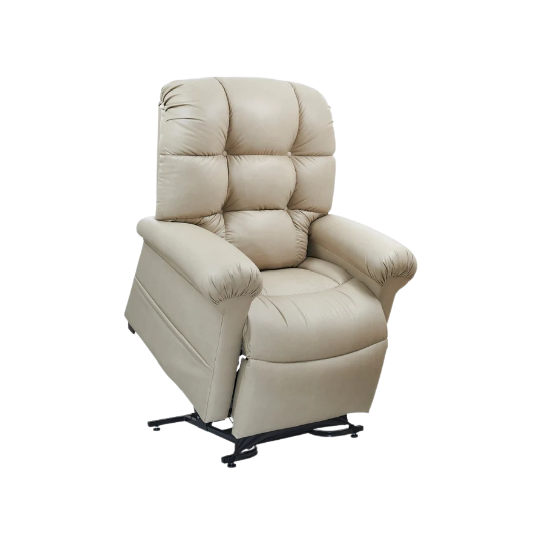 Beige leather-look power lift recliner chair with tufted back