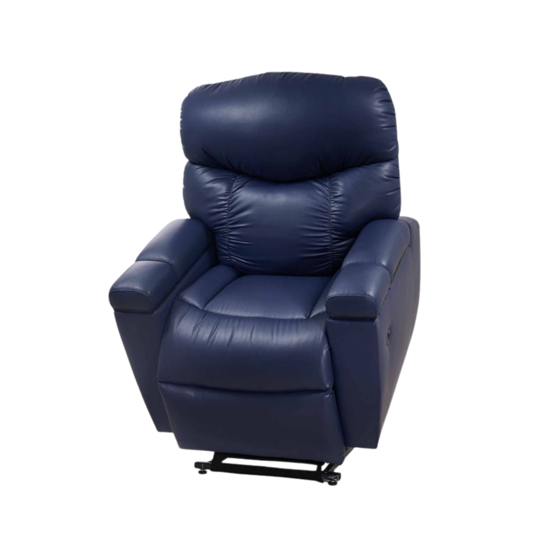 Navy blue leather-look power lift recliner chair