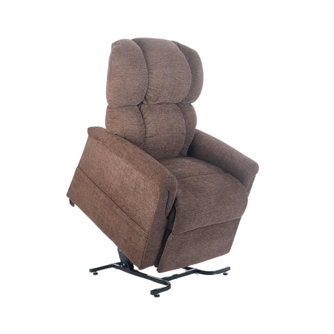 Brown fabric power lift recliner chair with pillow-back design