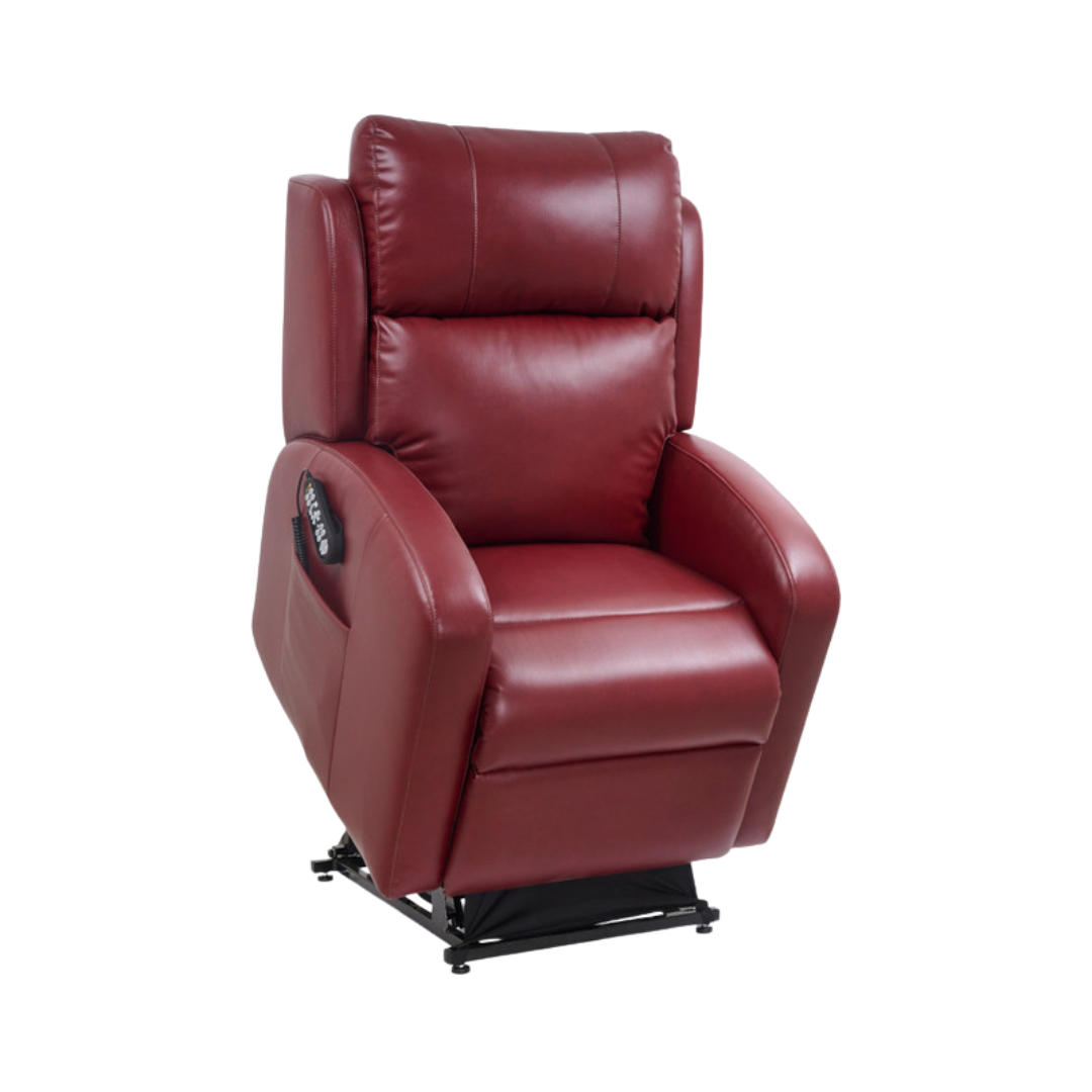 Burgundy leather-look power lift recliner chair with massage remote control