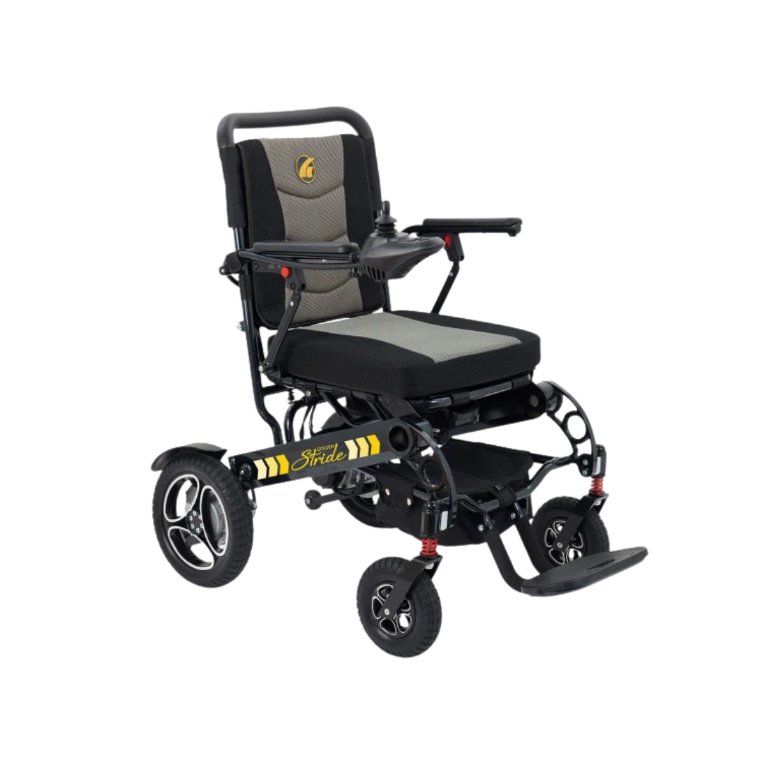 Black and yellow Golden Stride folding power wheelchair