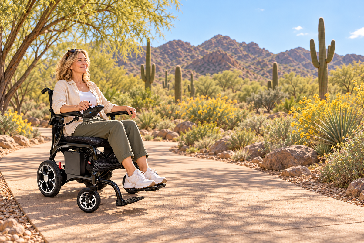 woman in comfygo phoenix wheelchair in a desert park